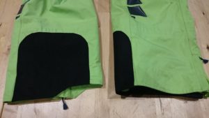pantalon de ski vert répararé à la clinique du chausson et du matos par Maïa