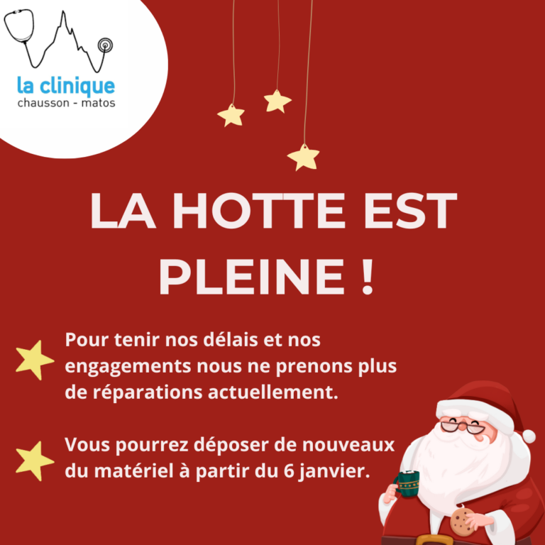 l'atemier de la clinique du chausson et du matos ne prend plus de réparations jusqu'au 6 janvier 2025